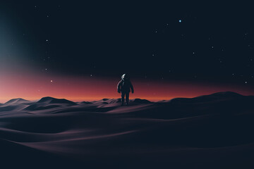 Fototapeta premium Astronaut walks on alien landscape with stars in the background at night