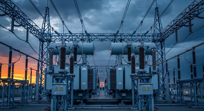 High voltage electrical substation at sunset with dramatic clouds
