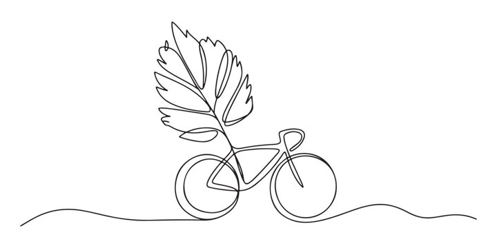 Single continuous line drawing e bike with a leaf on the rear tire and a cable plug on the front tire. Makes activities easier. Technology. National E Bike Day. One line design vector illustration
