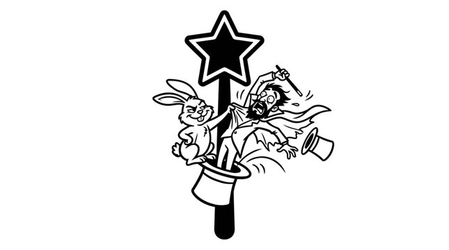 Minimalist Magic Wand with Rabbit and Magician Line Art, Monochrome Vector Illustration of Cartoon Slapstick Humor