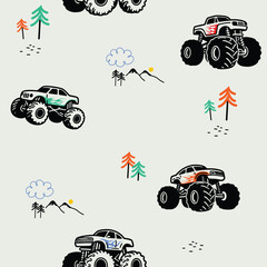 Hand-Drawn Seamless Pattern with Monster Trucks and Mountains © atap