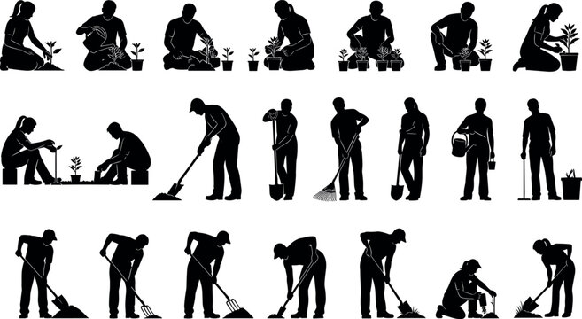 Set of silhouettes depicting diverse people gardening planting trees watering flowers digging soil and using agricultural tools for outdoor landscaping.