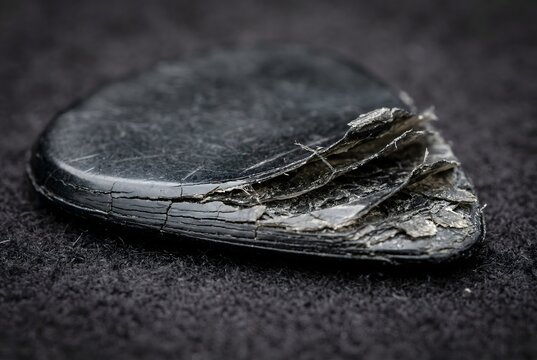 Macro close-up of a plastic guitar pick experiencing severe delamination