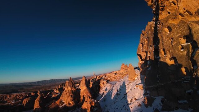 FPV Drone Aerial U&ccedil;hisar Castle rock Cappadocia Turkey Daylight, Dramatic