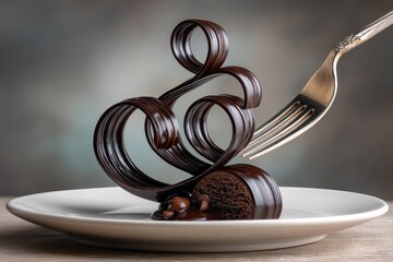 Fototapeta premium Glossy dark chocolate ribbon sculpture curls atop white plate beside sliced chocolate cake and silver fork, studio still life for dessert advertisement