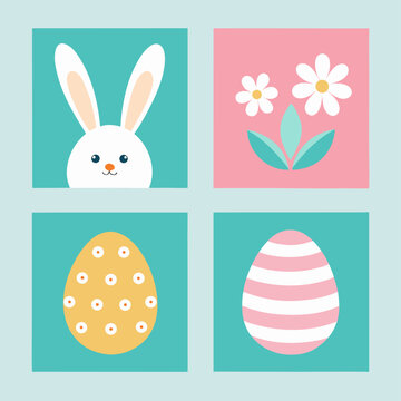 A grid of four squares features a white cartoon rabbit head, spring flowers, a yellow patterned egg, and a pink striped egg on a blue background.