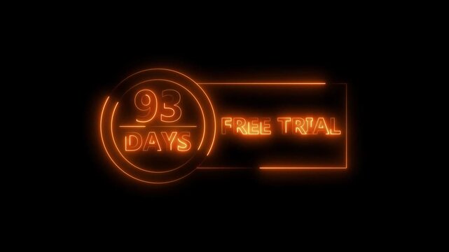 Neon bright 93 Days Free Trial Banner icon circle frame orange color animation. Business nice products 93 days free trial offer video. 
