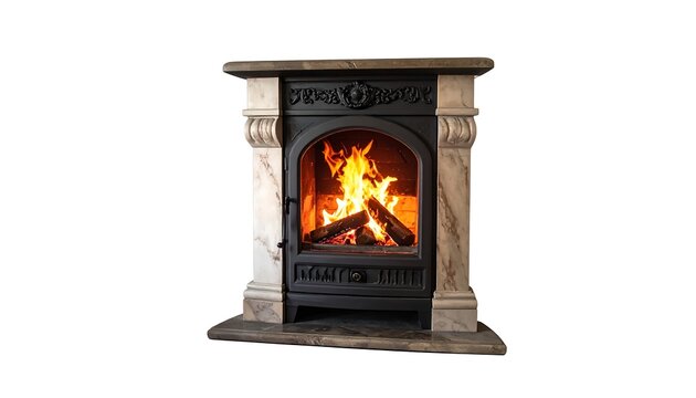 A fireplace with stone side pillars and a dark metal firebox containing burning logs and vibrant orange flames