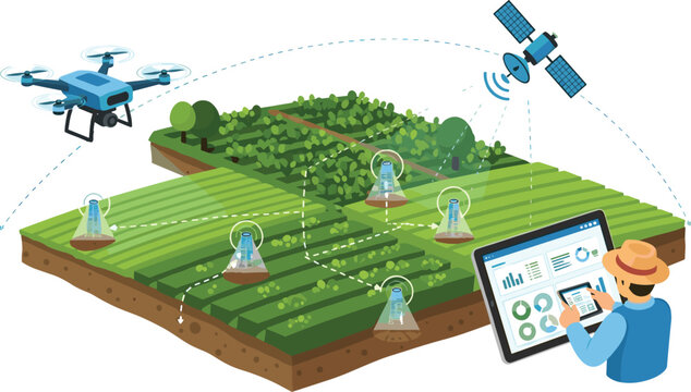 Smart agriculture technology with drones satellite irrigation sensors and farmer tablet monitoring vector illustration