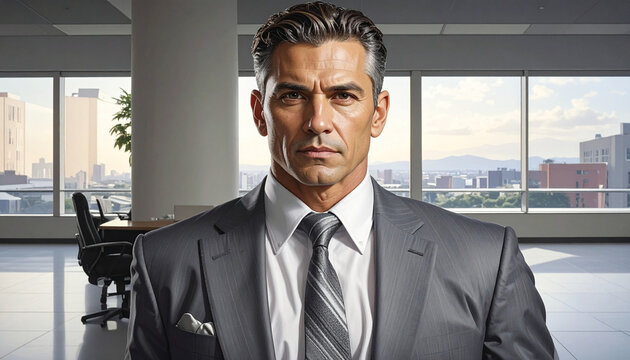 Confident businessman standing in modern office with city view behind him looking forward.