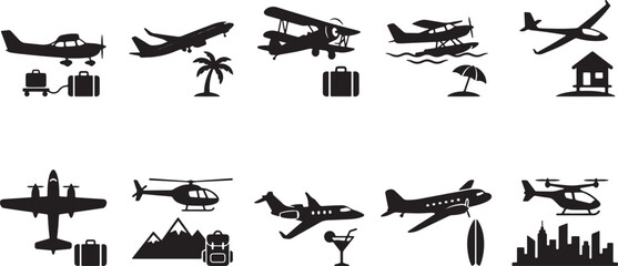 Black and white line collection of various aircraft and vehicles in flight and stationary positions airplane © Sabbir Art Express