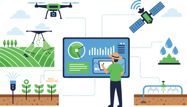 Smart agriculture technology vector illustration with drone satellite crop monitoring soil sensors irrigation system and farmer analytics dashboard