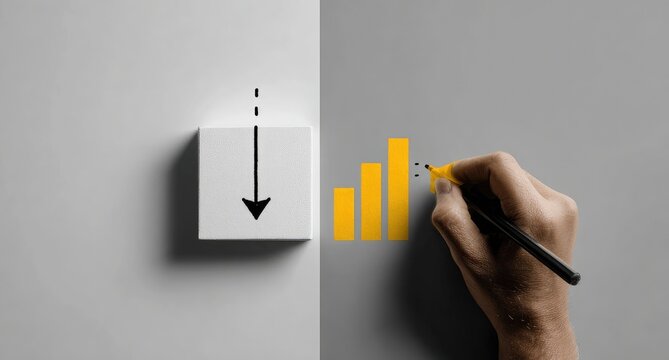 A conceptual split-screen image, with a white cube having a drawn downward arrow, and a hand drawing a yellow chart