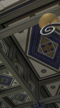 ceiling decoration in memorial church Javorca in Slovenia, interior, vertical dolly cinematic