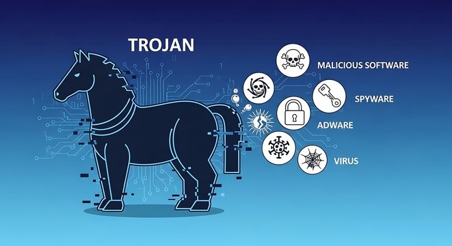 Trojan Horse Cybersecurity Illustration Network with Malware, Spyware, and Digital Threats.