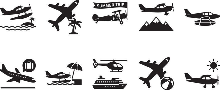 Black and white of summer travel and transportation airplane propeller plane hot air balloon bicycle