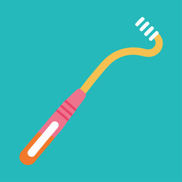 A single interdental brush with a curved yellow neck and pink handle is displayed as a flat vector graphic against a solid turquoise background for dental care.