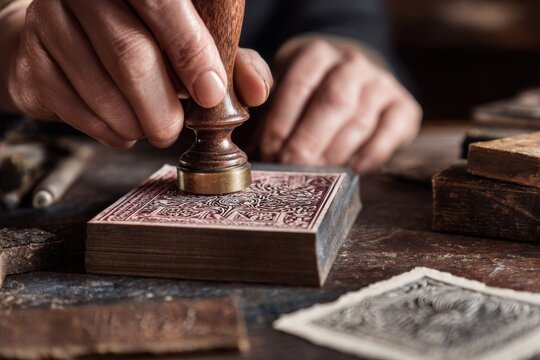 Close-up of hands placing a personal ex libris stamp onto a book, set on an antique table with vintage atmosphere