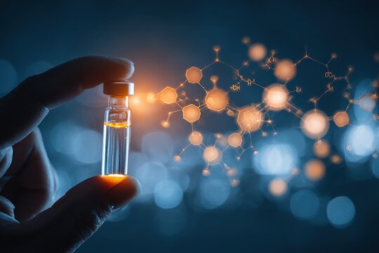 Hand presenting a peptide ampoule against a glowing molecular-style background, illustrating skincare science and health benefits