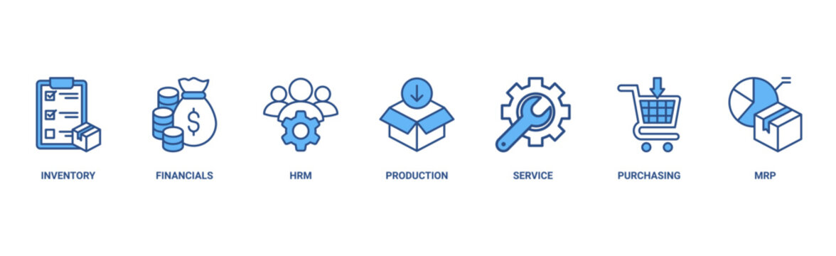 ERP banner web icon vector illustration concept for enterprise resource planning with icon of inventory, financials, hrm, production, service, purchasing, and mrp