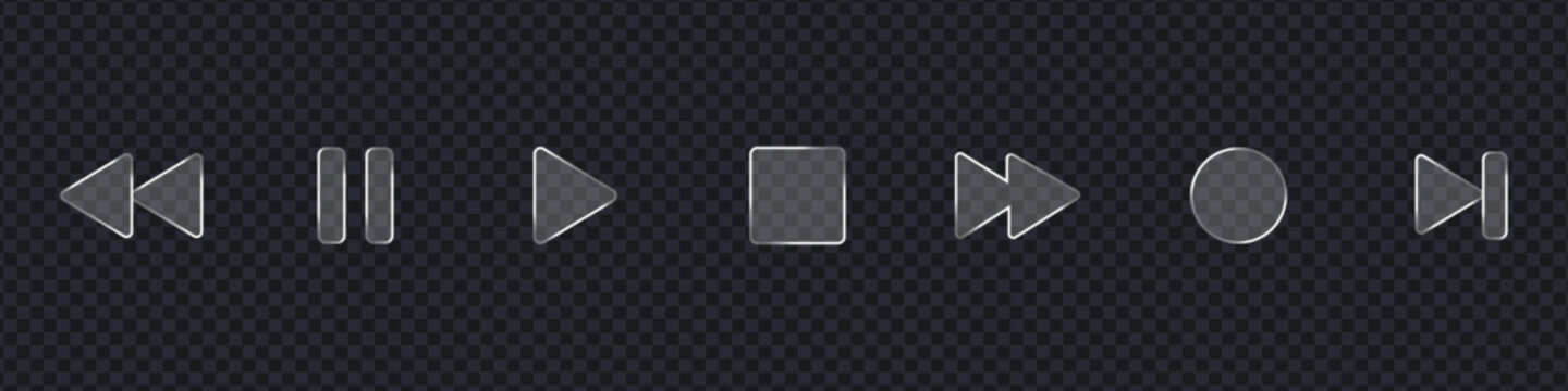 Glassmorphism video player media buttons icon set. Multimedia control interface symbol. Vector Illustration.
