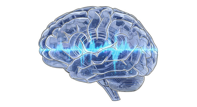 A pixelated purple brain with blue digital waves