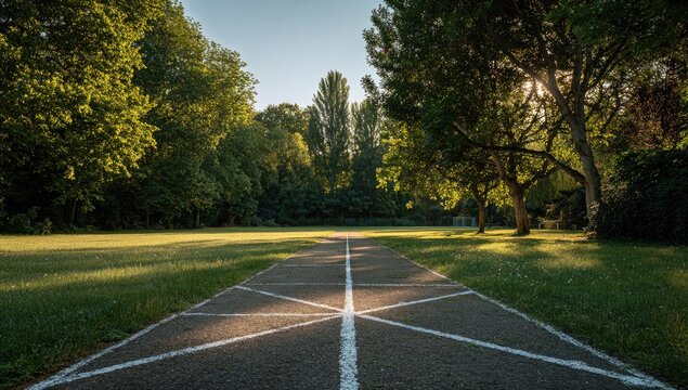 A sunlit view of a park pathway framed by trees and an expanse of green grass