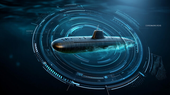 Low-orbit satellite tracking a glowing submarine beneath a dark ocean displayed within a digital HUD frame with compass and targeting reticule, sci-fi surveillance concept, with