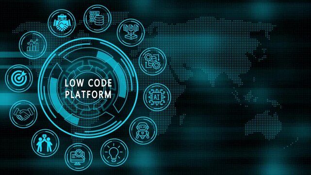 low code platform concept and technology, business, internet icons on world map background . animation video.