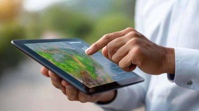 GIS specialist using a tablet with a digital interface overlay showing geospatial data, satellite imagery, and geographic mapping trends, spatial analysis concept, defocused