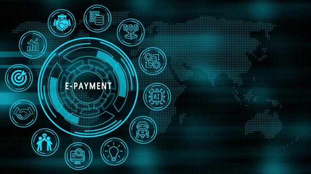 e-payment concept and technology, business, internet icons on world map background . animation video.
