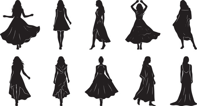 Black silhouette fashion of women in various dresses and poses black silhouettes fashion women long sleeves