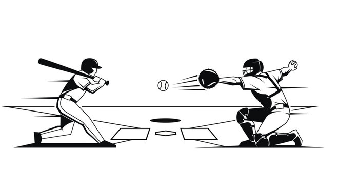 Dynamic black and white illustration of a baseball batter swinging at a fast pitch with a catcher ready behind home plate, depicting intense game action.