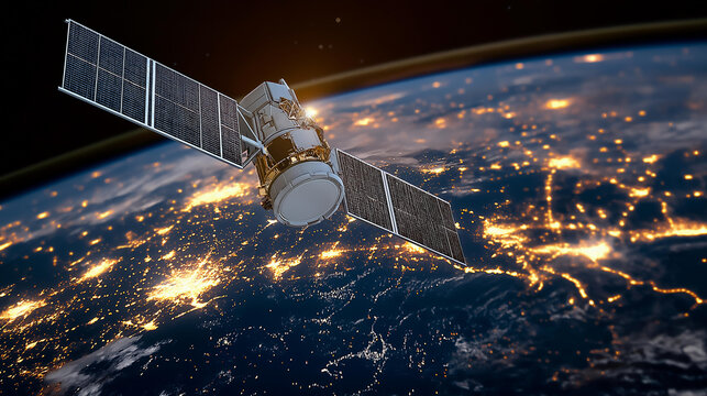 Satellite in low Earth orbit over glowing city lights at night, space photography and aerial technology concept, defocused background, with copy space