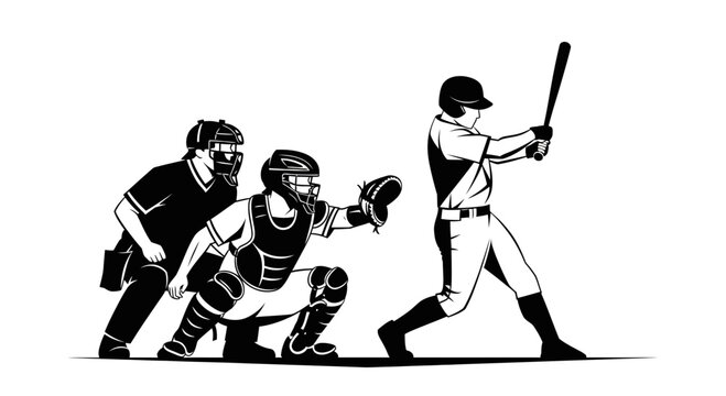 Black and white graphic illustration of a baseball game with a batter, catcher, and umpire.