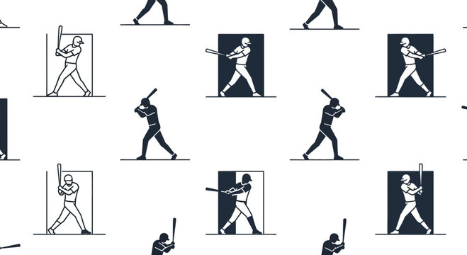 Baseball Pattern: Dynamic pattern of baseball player illustration with a bat in motion, set against alternating backgrounds, showcasing the energetic and competitive spirit of the game.