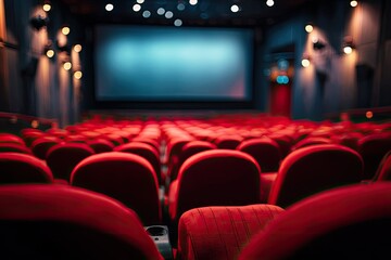 Fototapeta premium Empty movie theatre with rows of red seats, bright screen, and decorative wall lighting