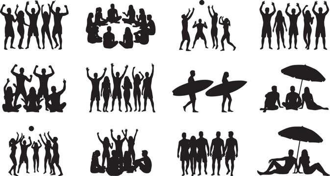 Black silhouette of diverse human activities and animals under umbrellas black silhouettes people rain