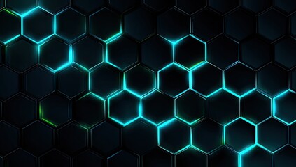 Fototapeta premium Illuminated blue-green honeycomb pattern with dark, glossy surfaces. Futuristic, tech-inspired design