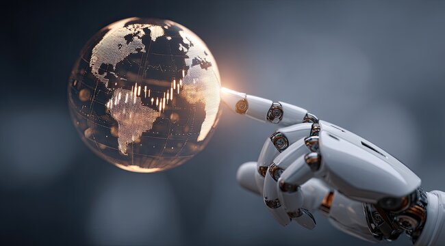 Robotic hand touching a globe with glowing lines, representing technology and global interaction