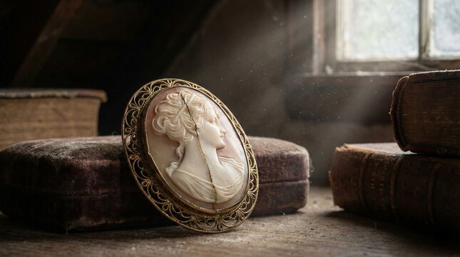 Cracked Antique Shell Cameo Brooch in Dusty Attic Sunbeam