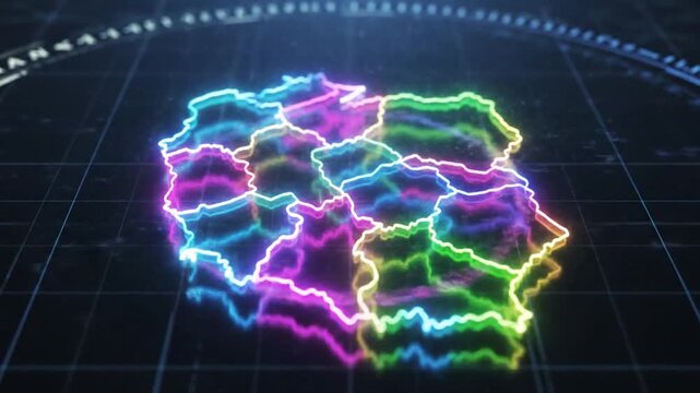 Futuristic digital map of Poland with glowing neon borders on a dark grid background