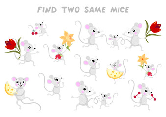Fototapeta premium Find two same mice. Educational game for children with comparing objects and finding two identical ones. 