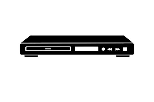 Black DVD player icon with control buttons on front panel, isolated on white background for digital or media use