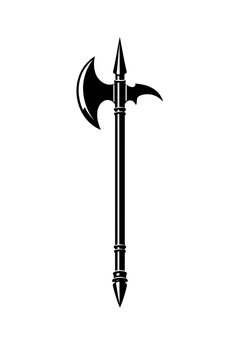 A black silhouette of a medieval halberd with a sharp axe head and spear point on a white background, symbolizing power and strength