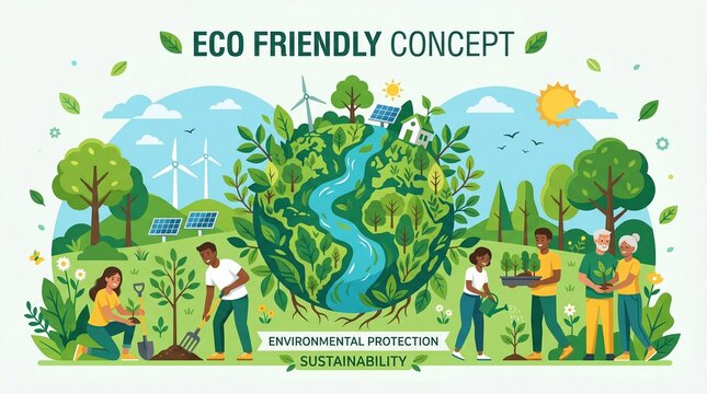 Illustration of diverse people engaging in eco-friendly activities around a stylized globe with lush greenery and blue river, surrounded by trees, wind turbines, and a sunny sky with clouds.