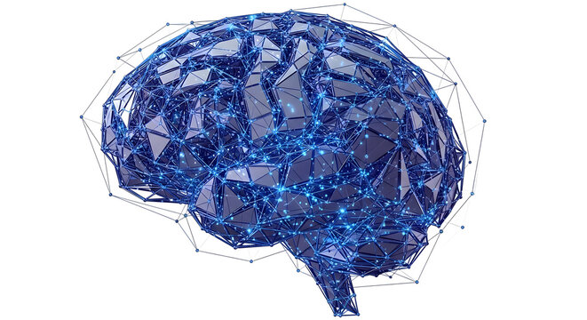 A purple and blue brain with a network of lines and dots