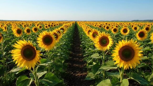 Field of sunflowers in full bloom under a clear blue sky