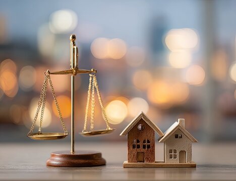A golden balance scale next to two miniature houses on a blurred cityscape background