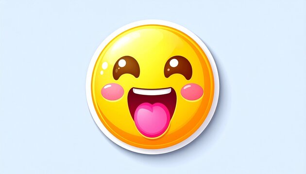 A cute, cartoon-style yellow smiley face emoji with its tongue sticking out, conveying joy and excitement, rendered in vibrant colors on a light blue background